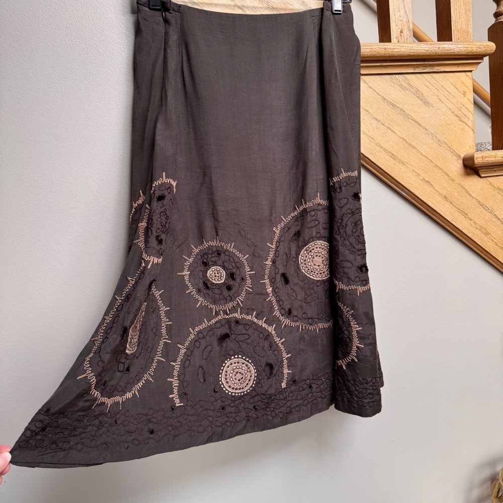 Chicos Women's Brown Midi Y2K Skirt Embroidered Eyelet Large 12 Boho Artsy